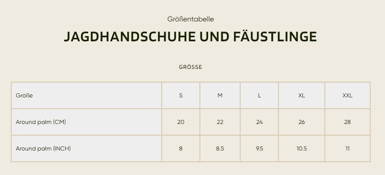 Härkila - Grössentabelle Herren Jagdhandschuhe