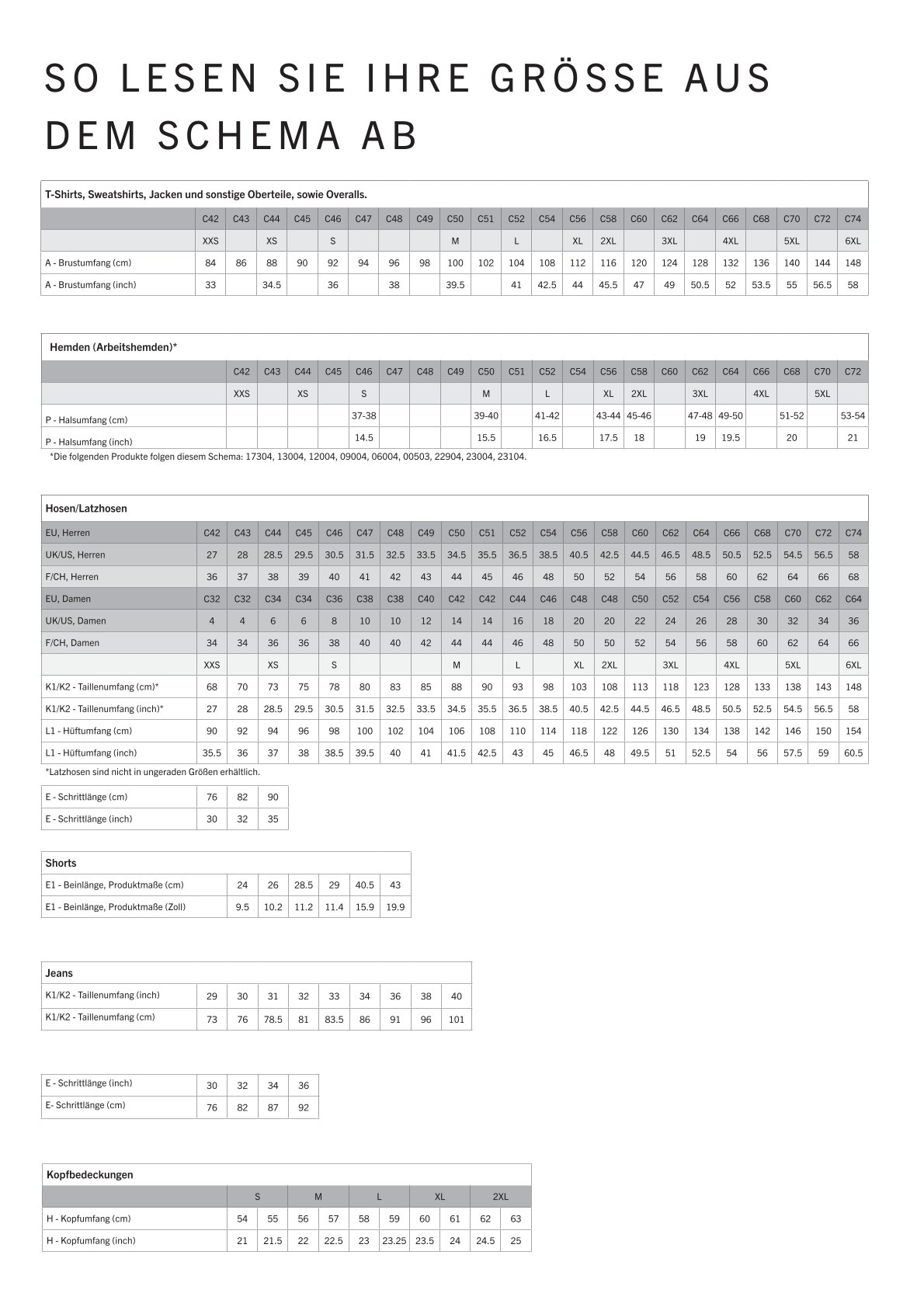 Grössentabelle Mascot Unisex/Herren