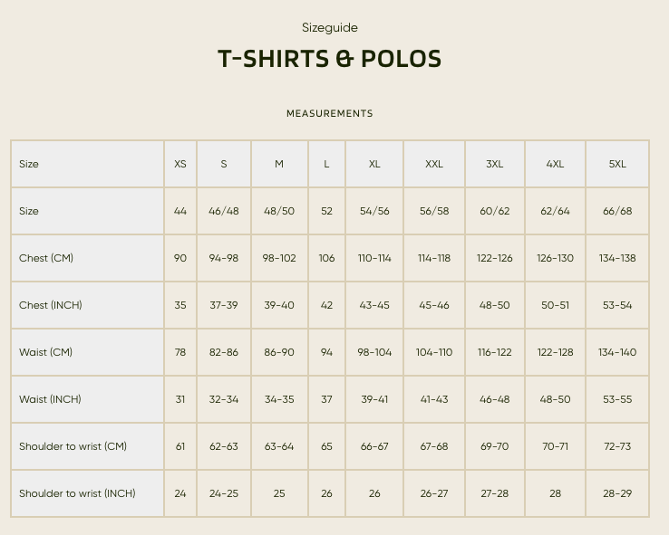 Härkila - Grössentabelle T-shirts & Polos