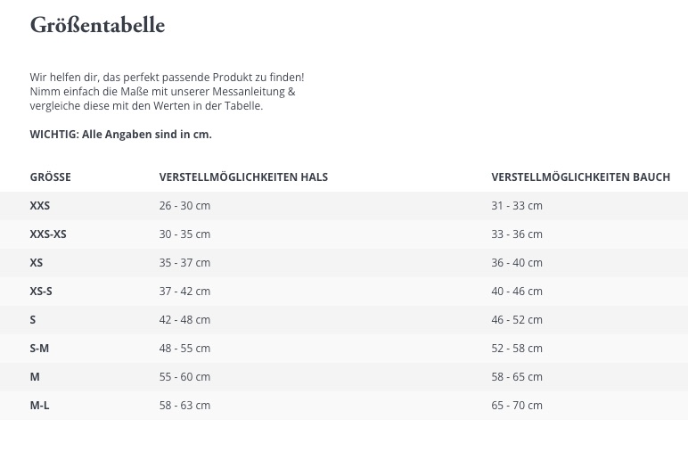 Grössentabelle Hunter Hundegeschirr Hilo Comfort