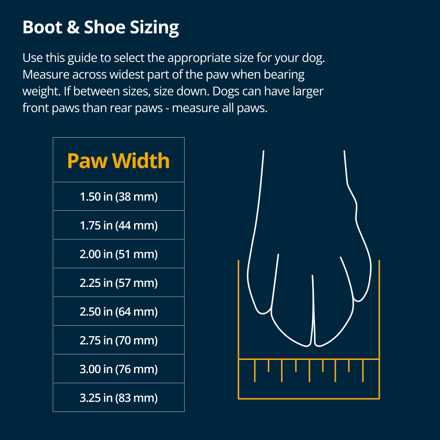 Ruffwear Grössentabelle - Hundesocken/Hundeschuhen