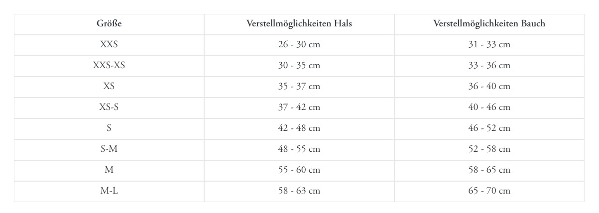Grössentabelle Hunter Hundegeschirr Hilo Comfort