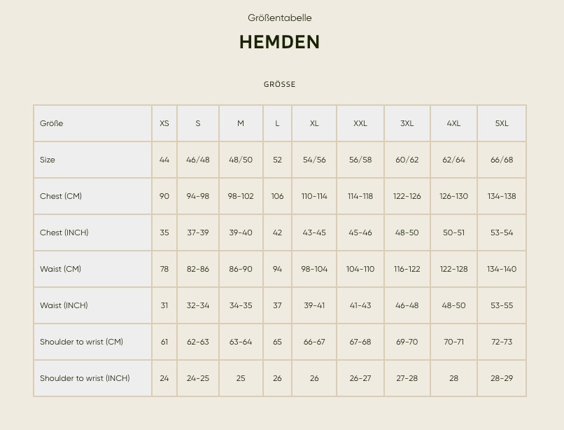 Härkila - Grössentabelle Herren HEMDEN